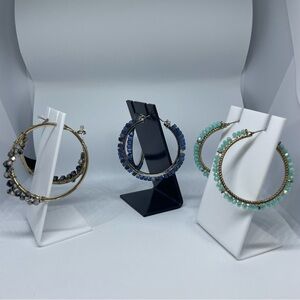 Beaded Hoop Earrings in Black, Blue & Mint Green - Costume Jewelry - Set of 3